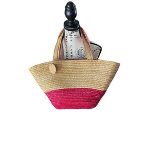 Straw Studios Straw/Wicker Tote hand bag  Carryall Checkered Lining EUC 16” X 11